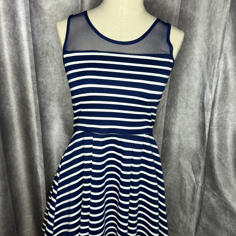 Poof Junior Navy & White Striped Mini Fit Flare Dress Coastal Nautical